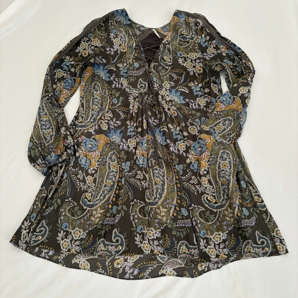 Free People Rain or Shine Tie Up‎ Tunic Dress Womens Gray Paisley Floral Medium